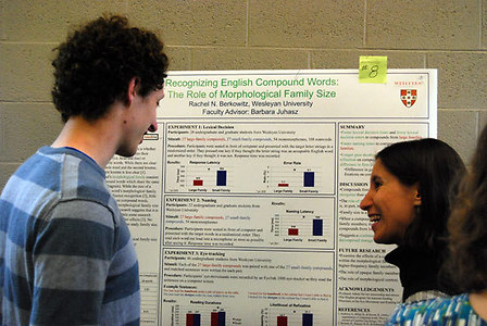 Rachel Berkowitz '09 explains her research to Eric LaMotte '09. Berkowotiz's research was titled "Recognizing English Compound Words: The Role of Morphological Family Size"