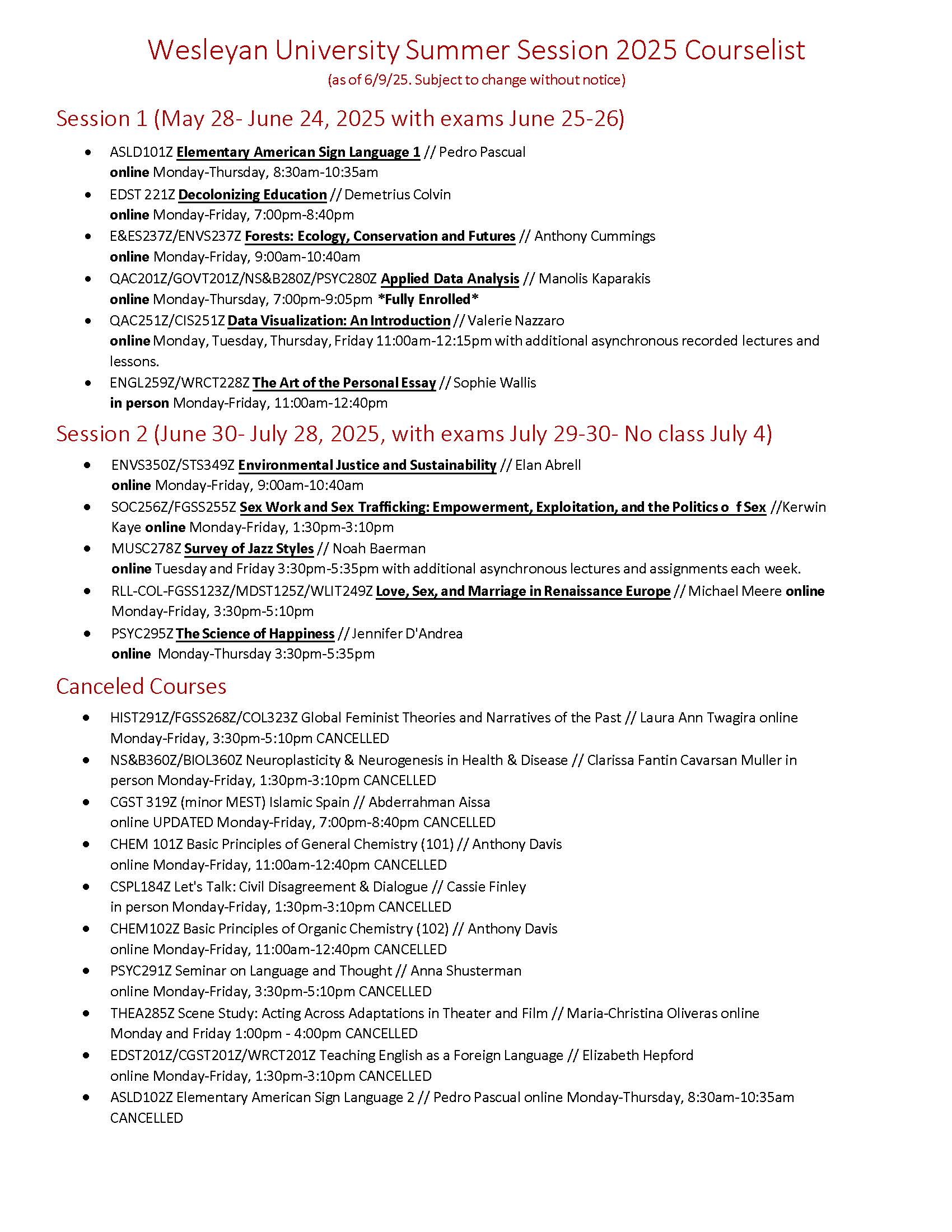 Image of Wesleyan Summer Session 2025 course list
