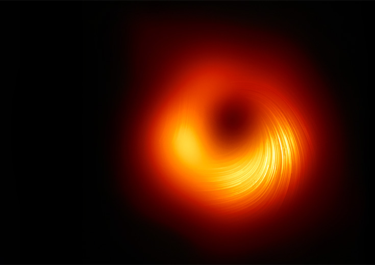 A black hole, showing a glowing orange and yellow ring of light surrounding a dark central shadow against a black background.