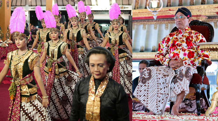 Sri Sultan Hamengkubuwono X of the Kasultanan court of Yogyakarta and court dancers.