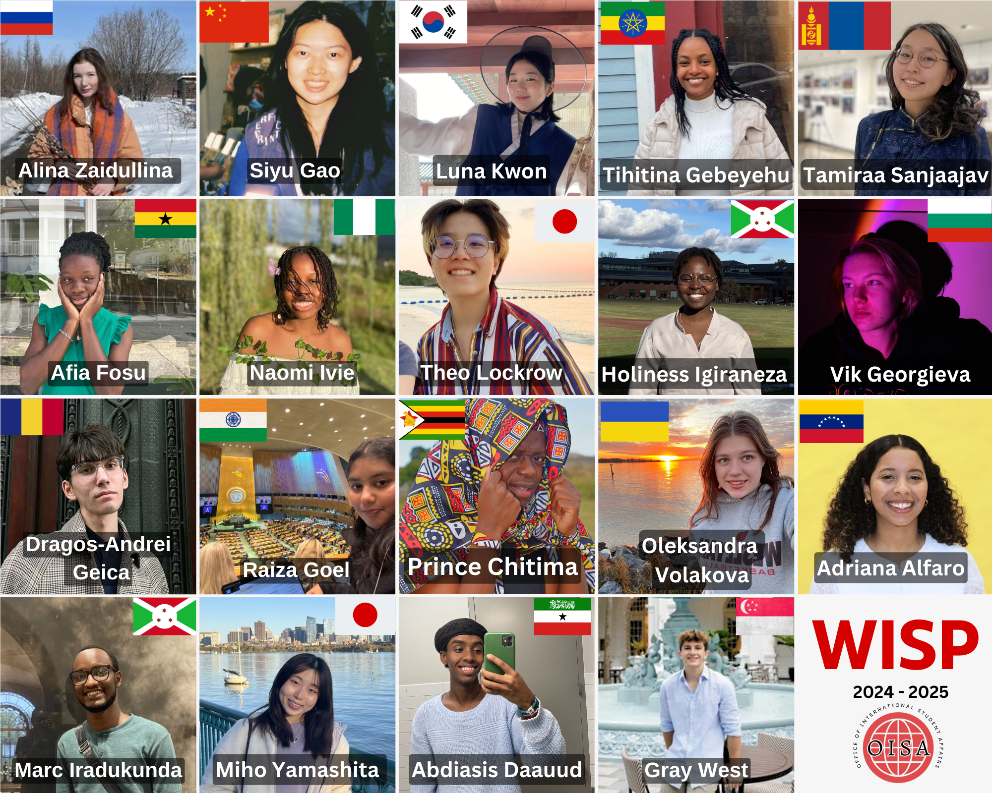 Collage image of 19 WISP speakers with the corresponding flags of their home nations