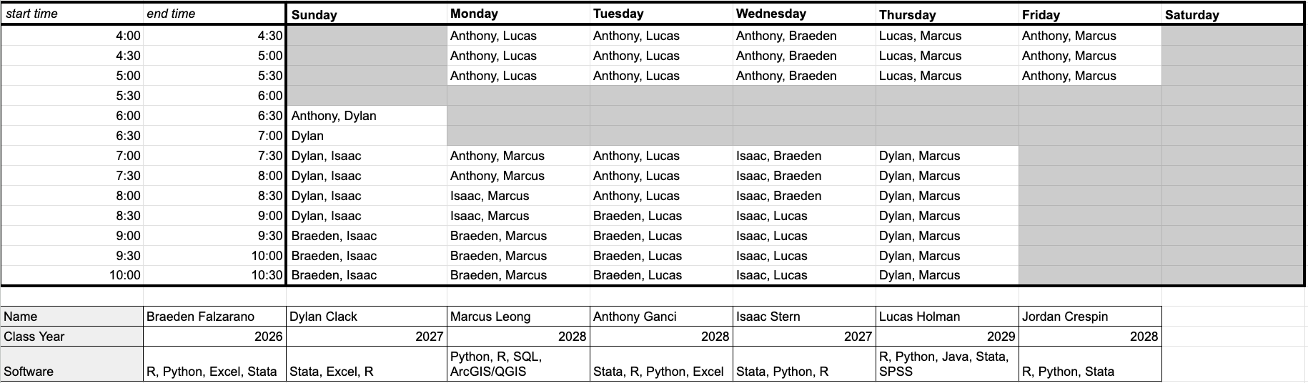 QAC Fall 2026 Tutor Schedule